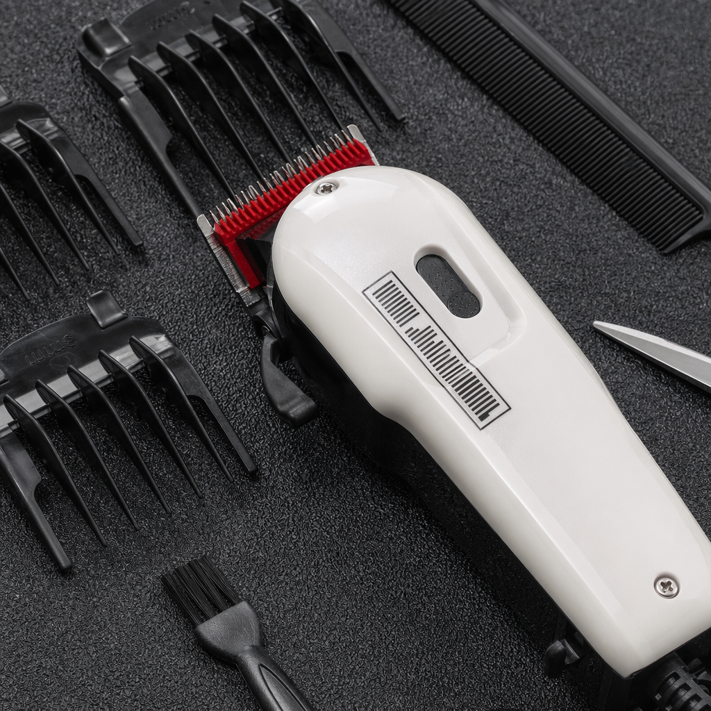 White electric clipper and accessories: Home hair clipper, silent rechargeable, with blade head lubricating oil Application Scenario
