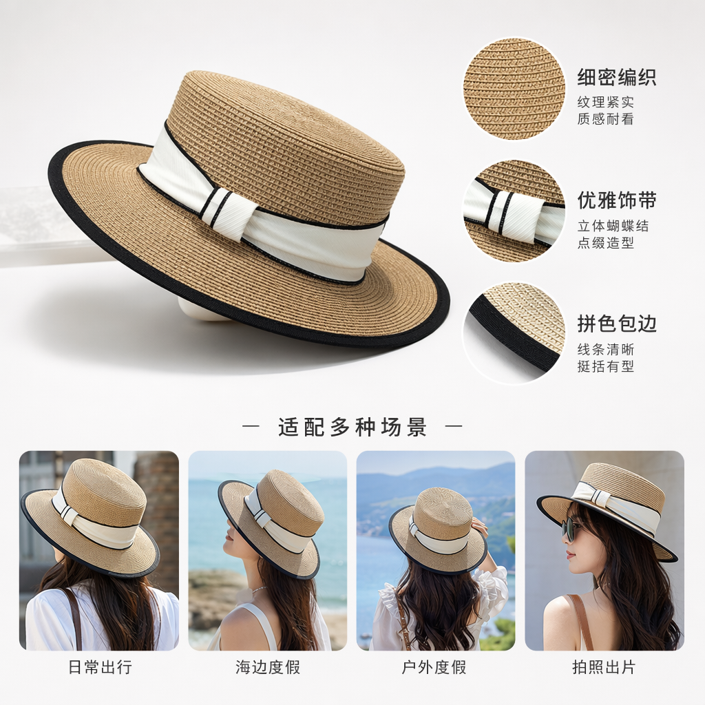 Beige straw woven top hat for women, summer sun protection hat, woven casual vacation hat