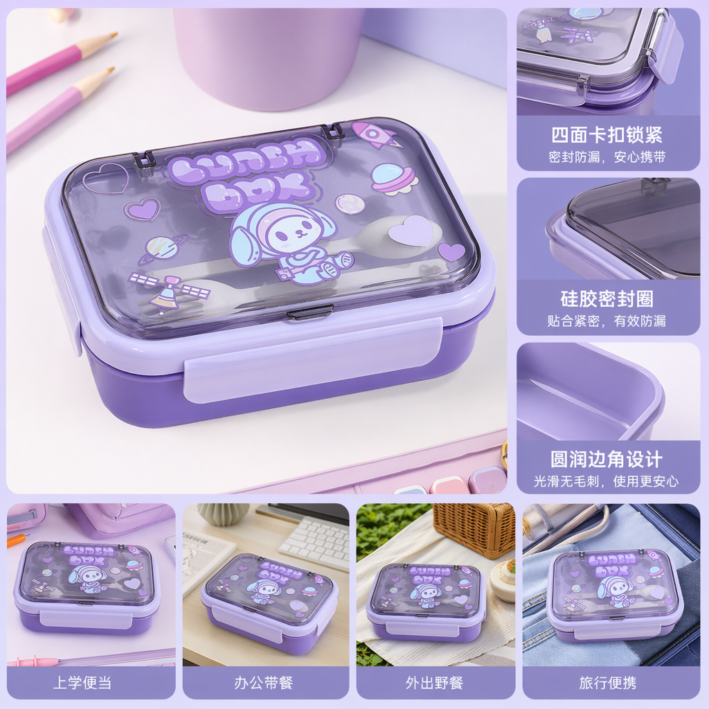 Purple cartoon children's lunch box, portable household lunch box with lid seal to prevent leakage