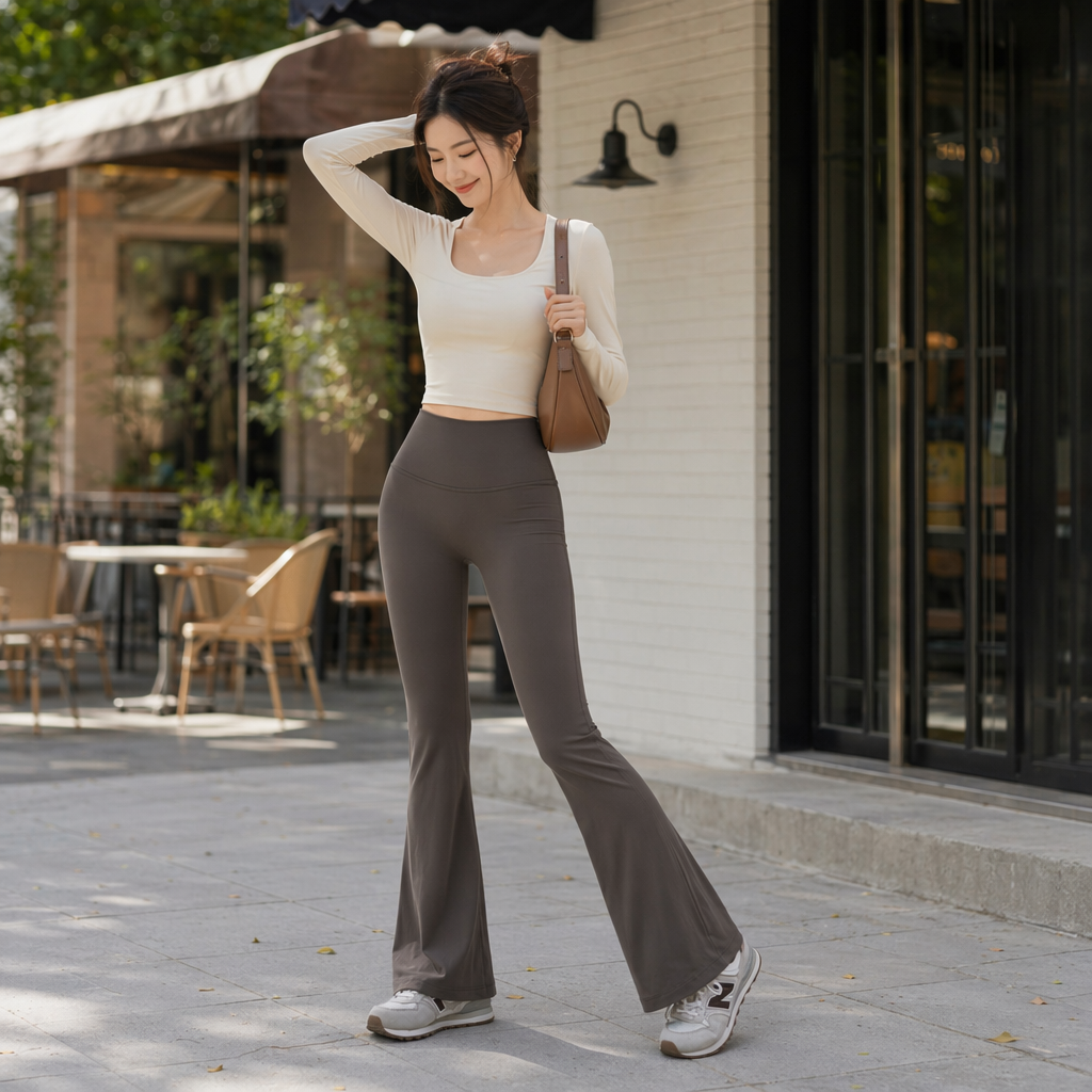Slimming high-waisted nude yoga pants, women's seamless quick-drying buttocks lifting and shaping exercise and fitness long pants, worn over flared pants details Picture