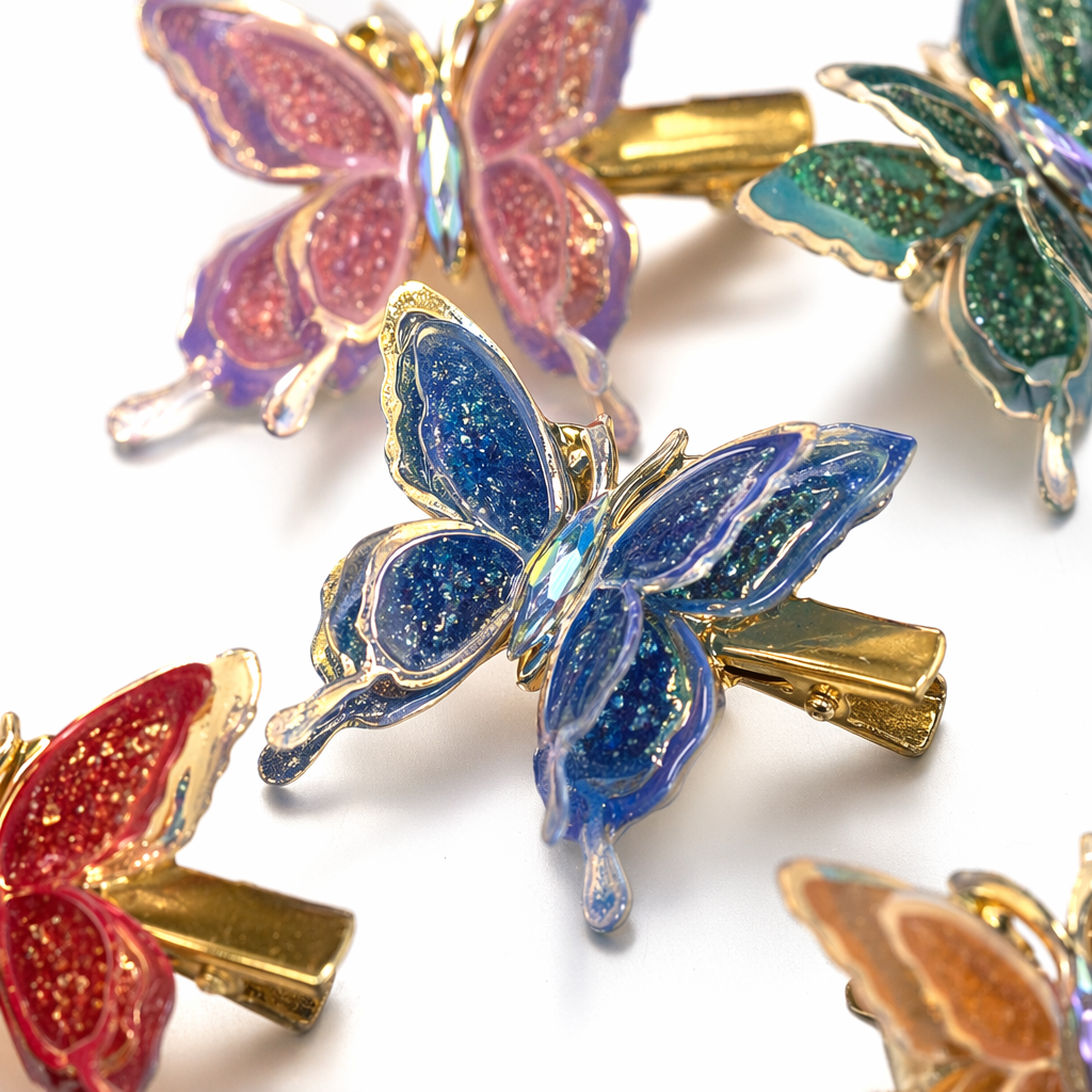 Colorful butterfly hair clips, sweet and girlish headwear, available in multiple colors with a metallic texture Application Scenario
