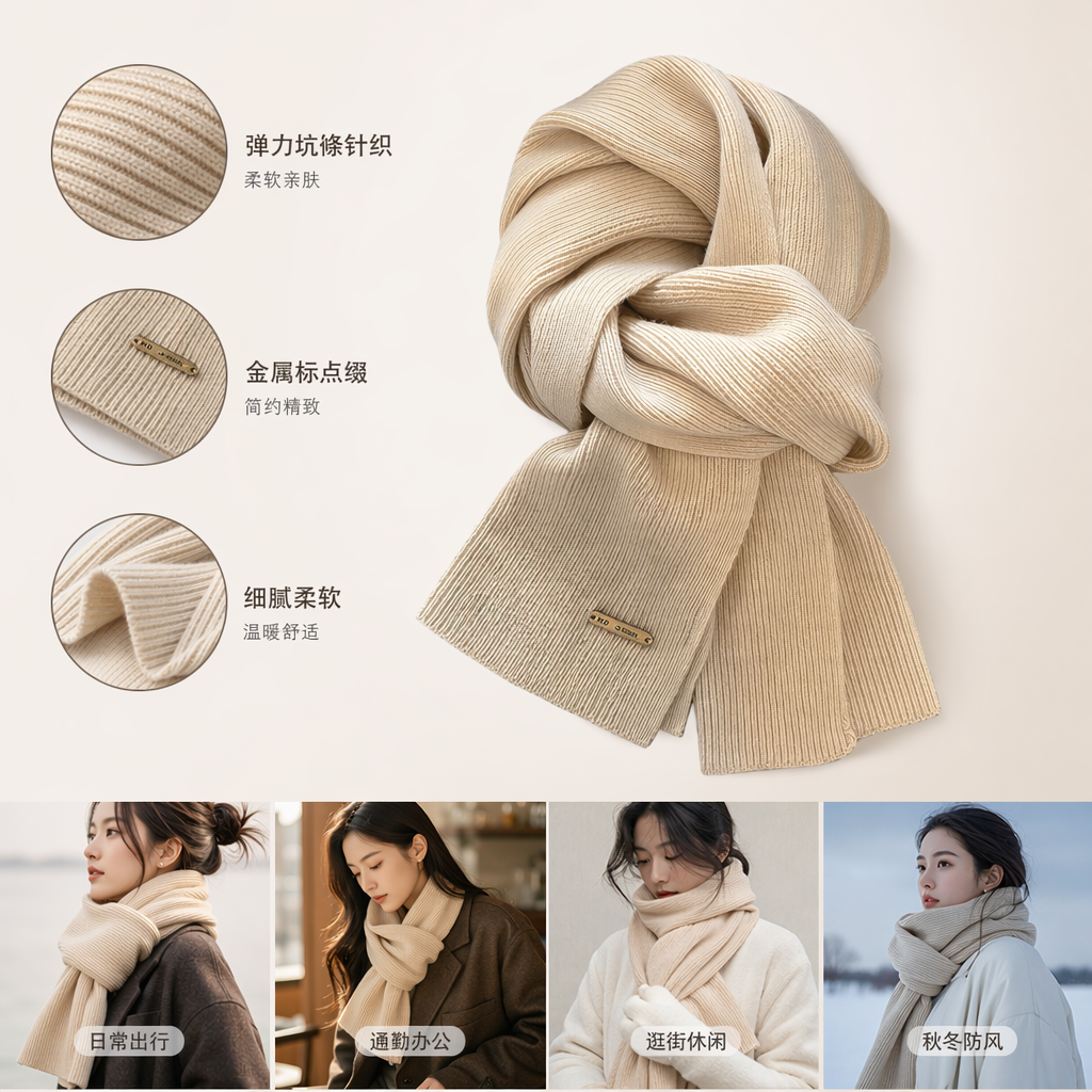 米白色针织围巾秋冬保暖柔软亲肤百搭女士 scarf
