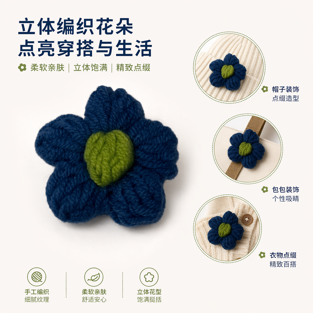 蓝色钩针花朵配绿色花心手工编织装饰图