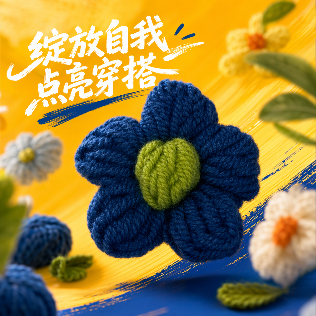 蓝色钩针花朵，绿色花心细节图