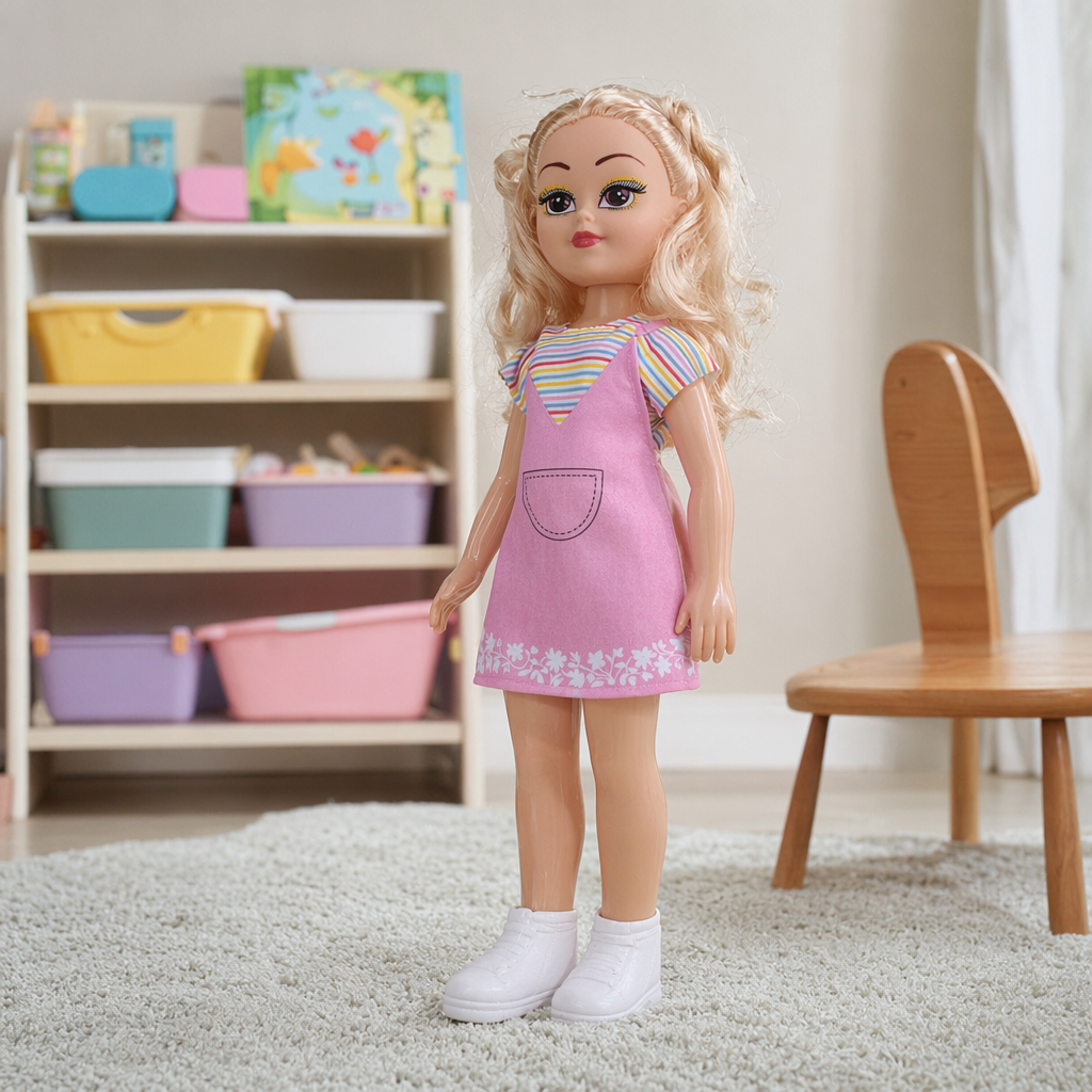 A pink packaged plastic doll of a blonde girl details Picture