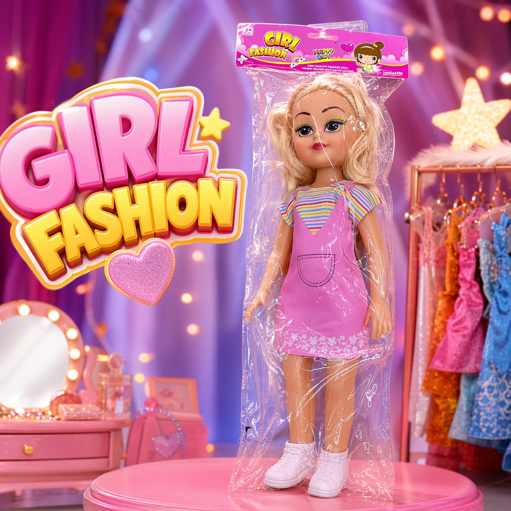 A pink packaged plastic doll of a blonde girl Specification image