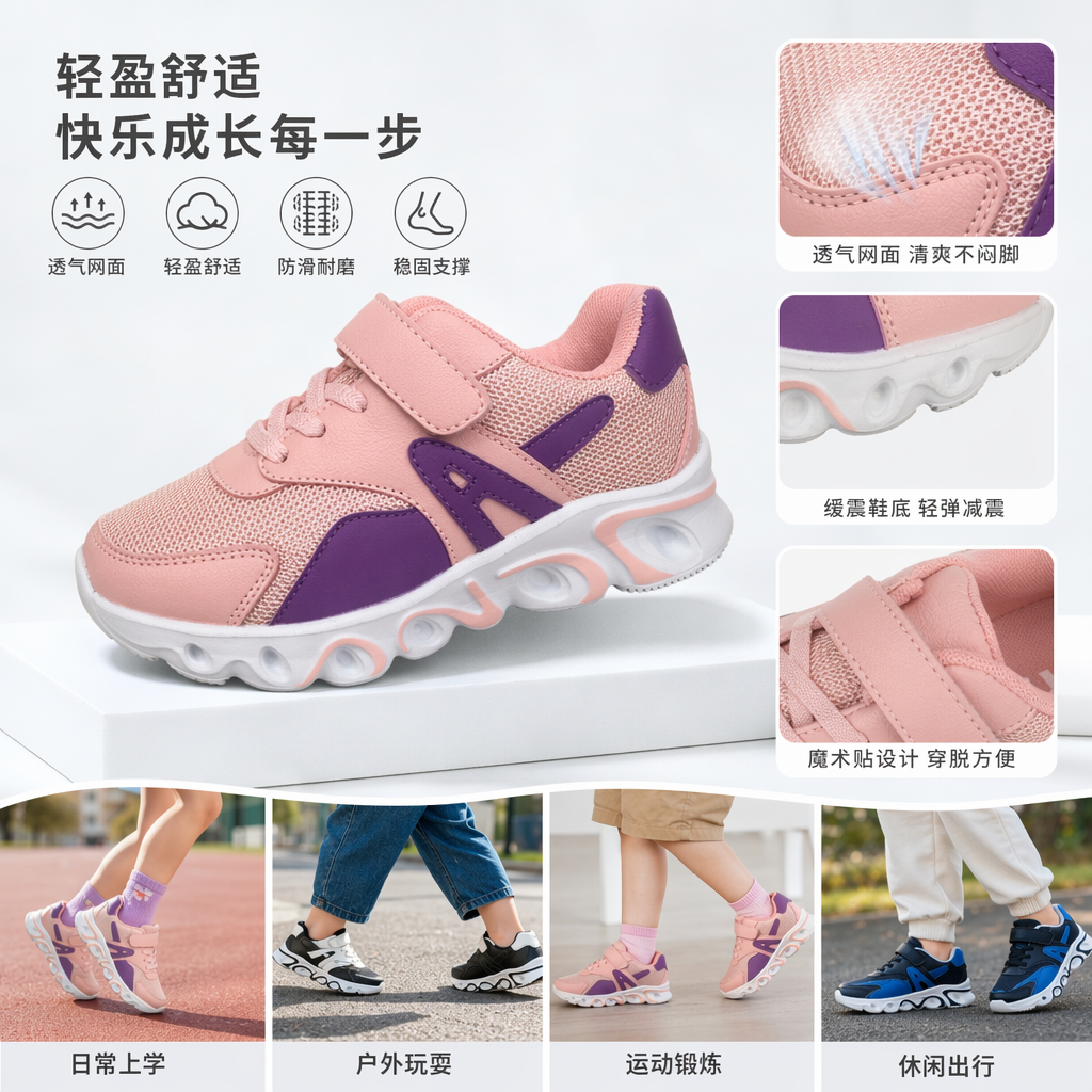 粉色紫黑蓝白撞色透气运动鞋男女同款