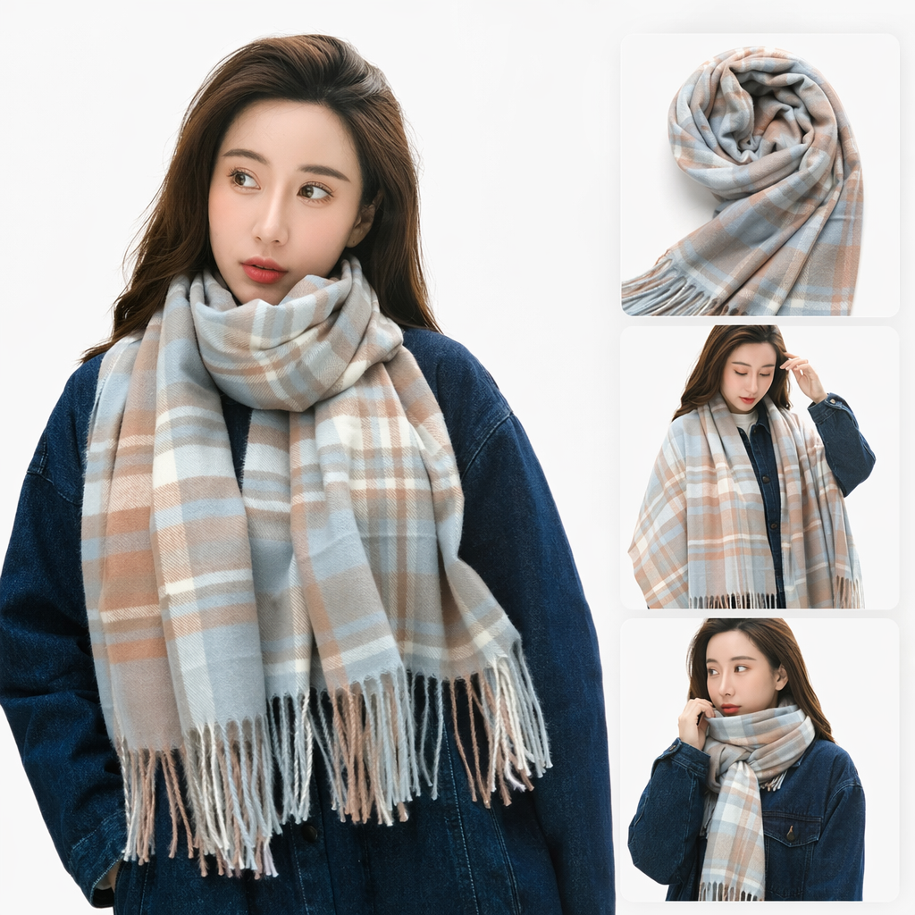 A checked scarf for women paired with a blue denim jacket as a warm autumn and winter accessory