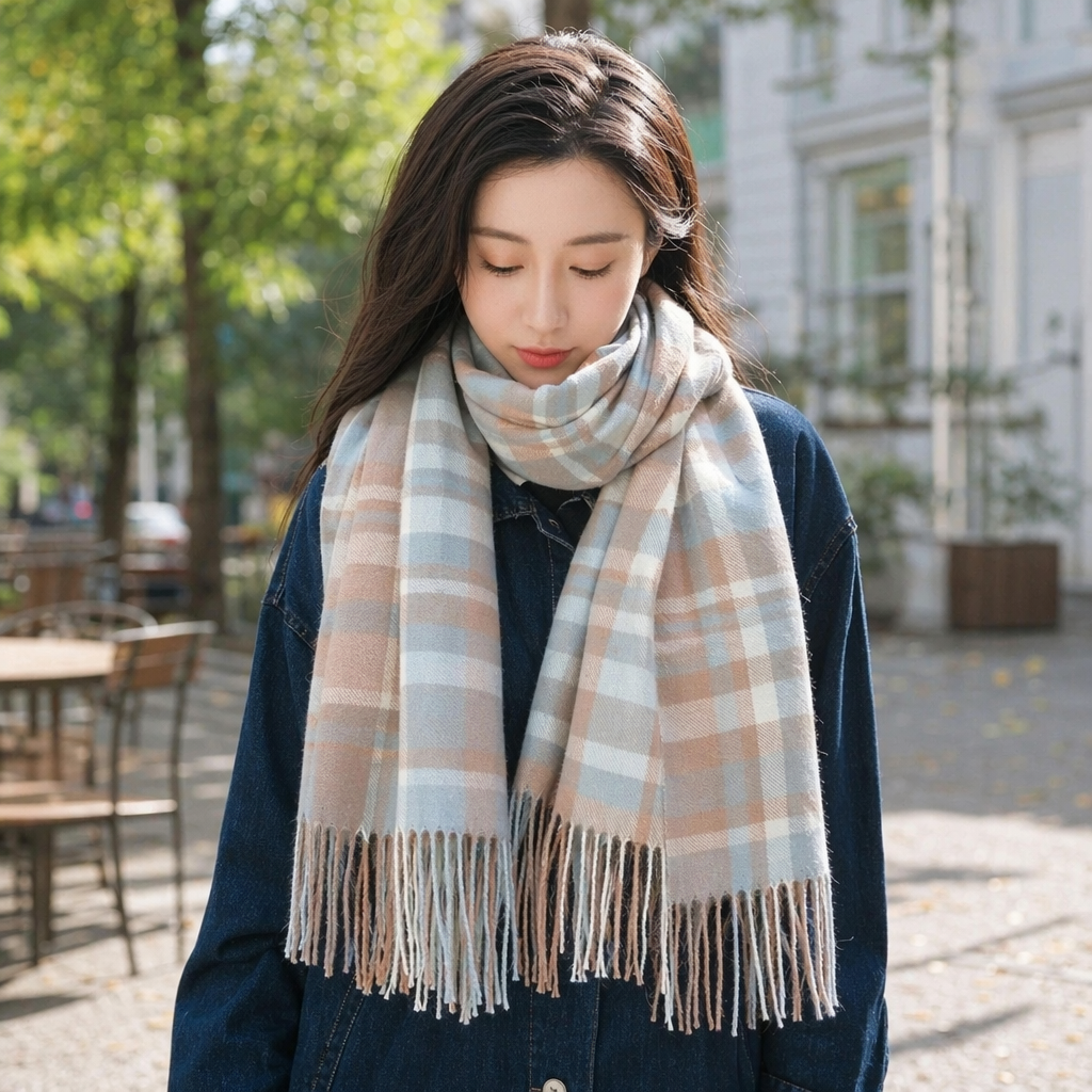 A checked scarf for women paired with a blue denim jacket as a warm autumn and winter accessory details Picture