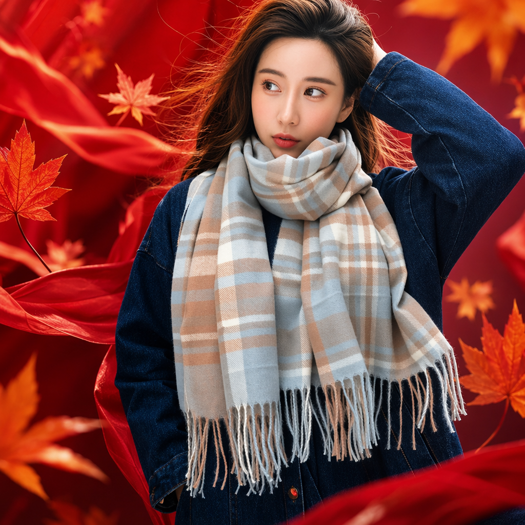 A checked scarf for women paired with a blue denim jacket as a warm autumn and winter accessory Specification image