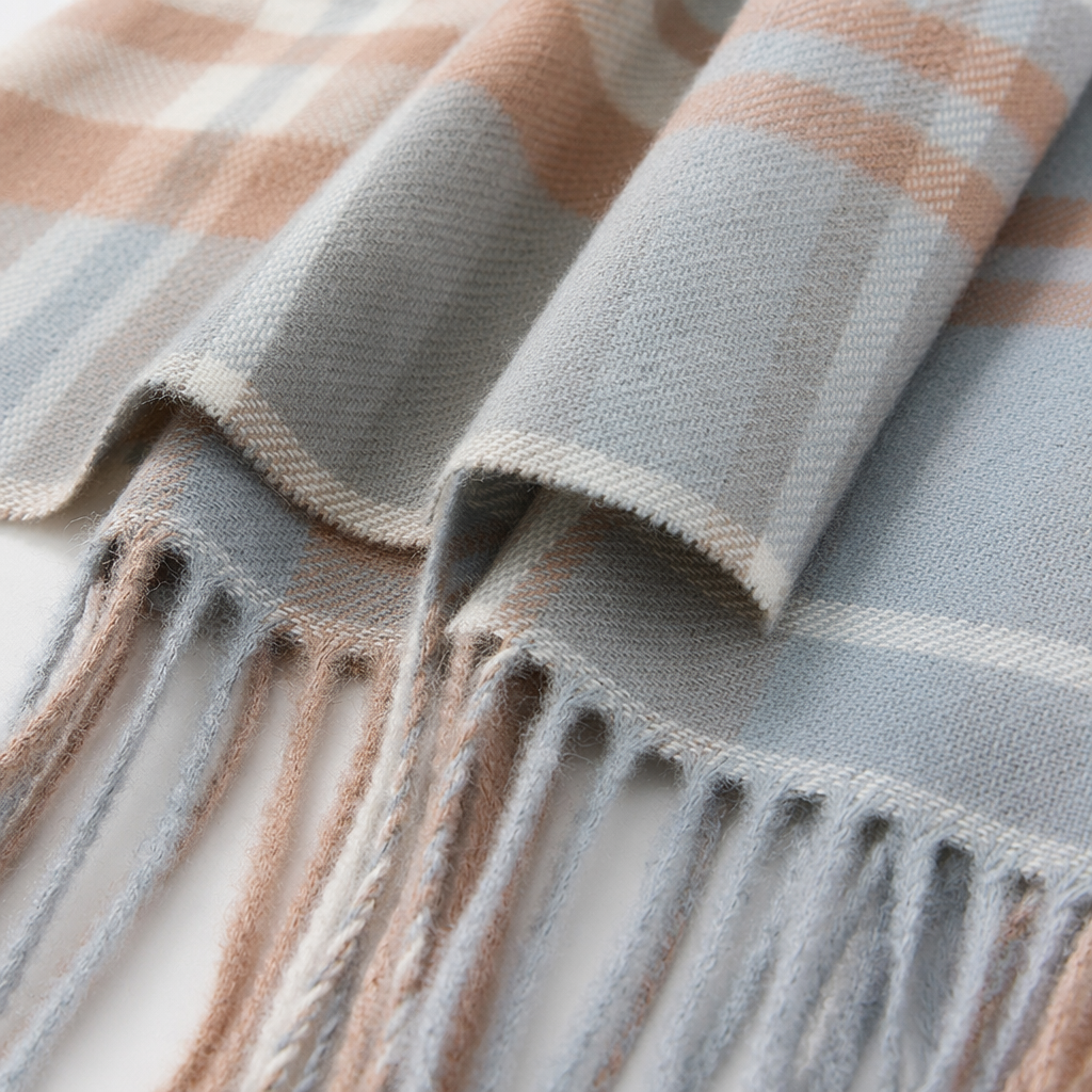 A checked scarf for women paired with a blue denim jacket as a warm autumn and winter accessory Application Scenario
