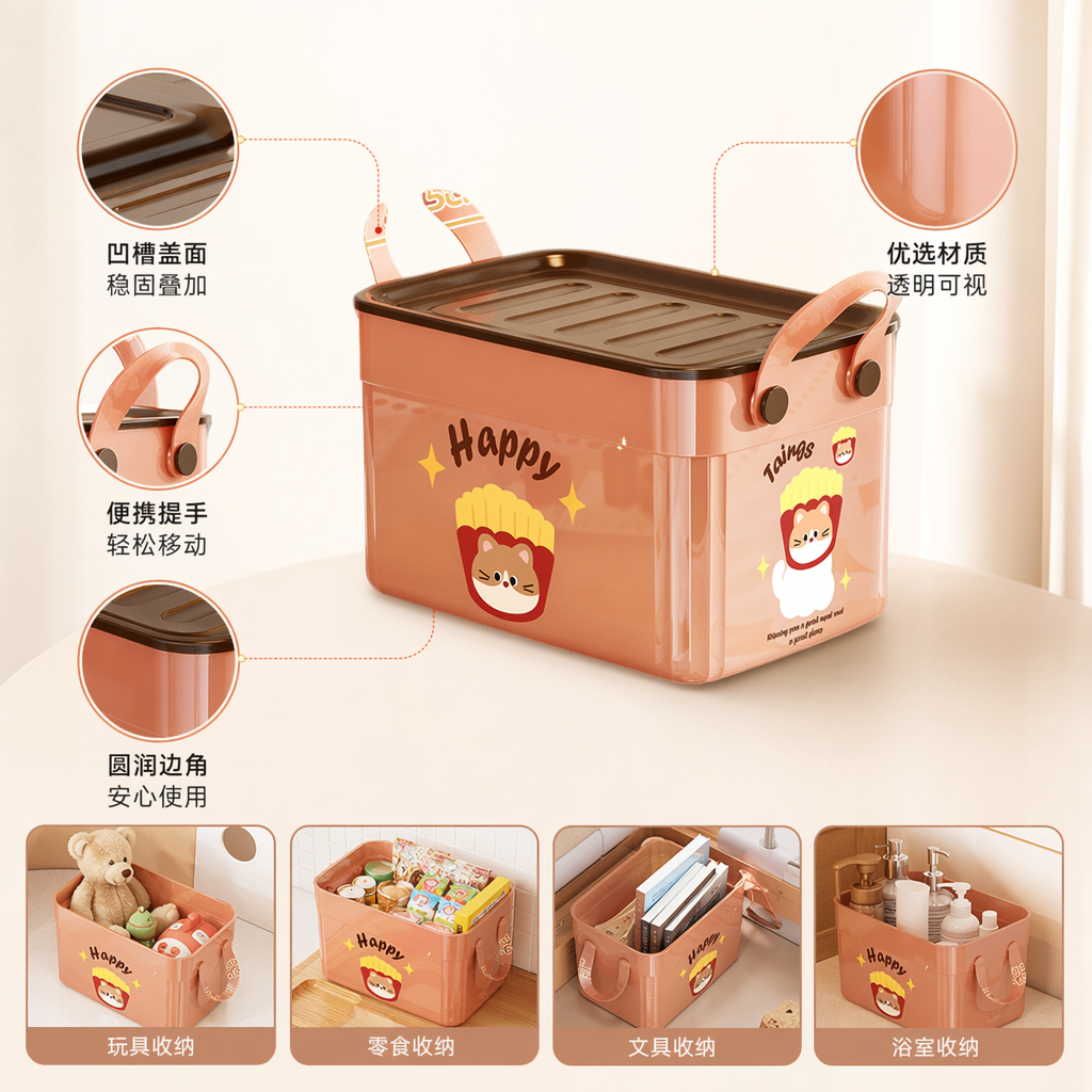粉色长方形带盖收纳箱家用整理储物盒简约北欧风