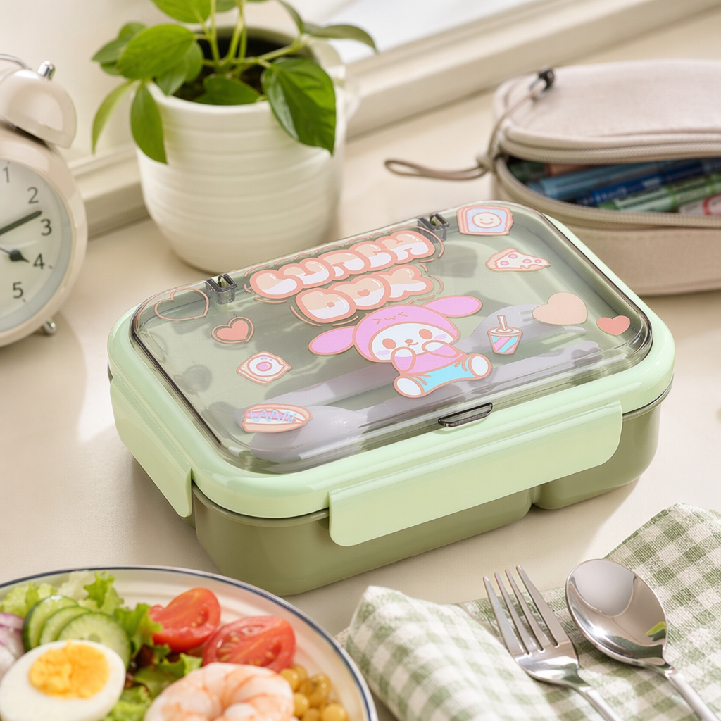 Green cartoon children's lunch box, portable, sealed and environmentally friendly PP material details Picture