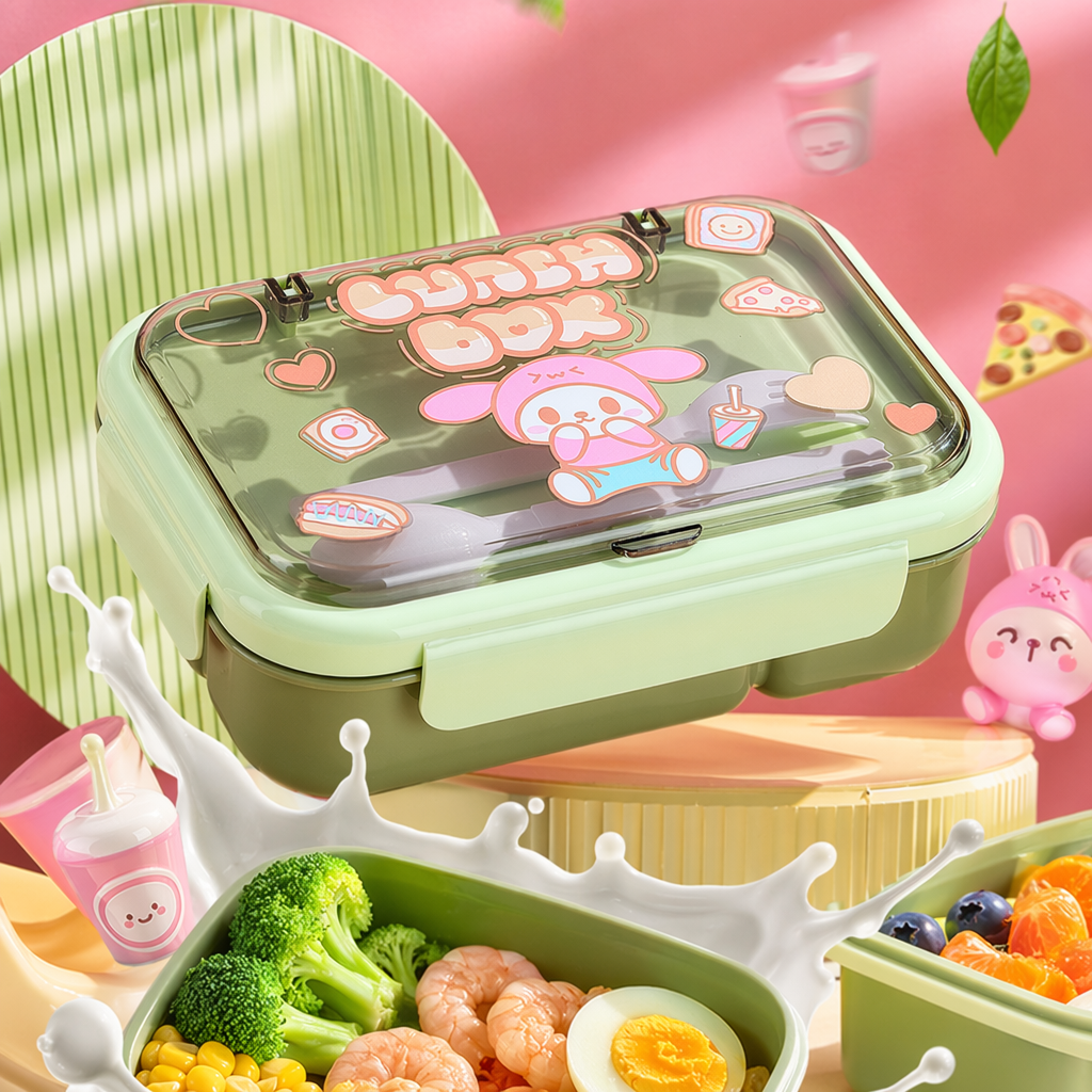 Green cartoon children's lunch box, portable, sealed and environmentally friendly PP material Specification image