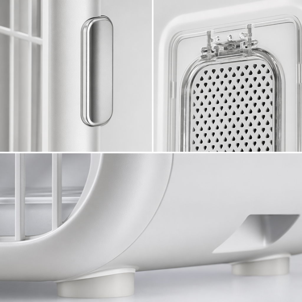 A portable breathable and foldable cat and dog transport box for white pets Application Scenario