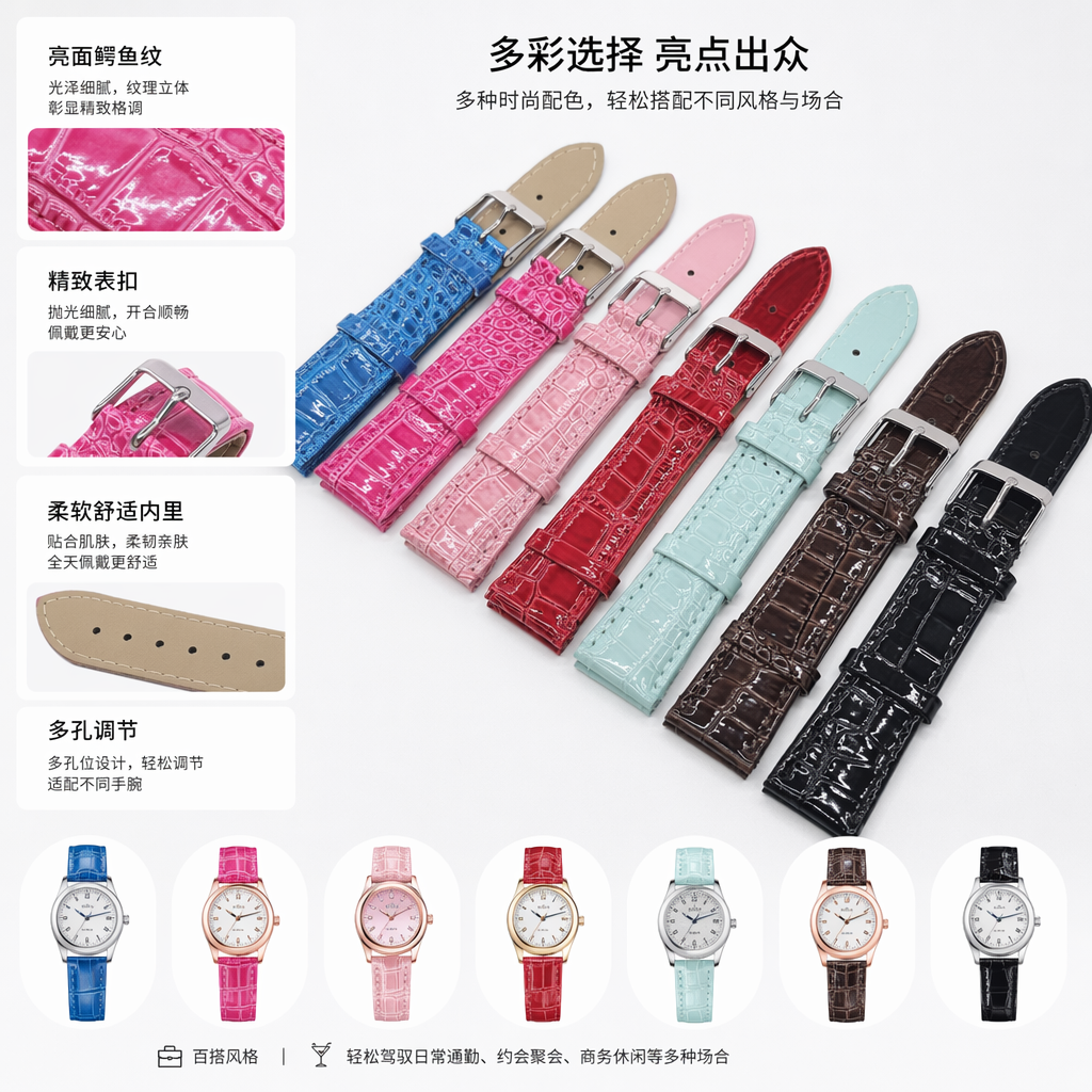 彩色鳄鱼纹真皮表带 适配多种手表可调节男士女士通用