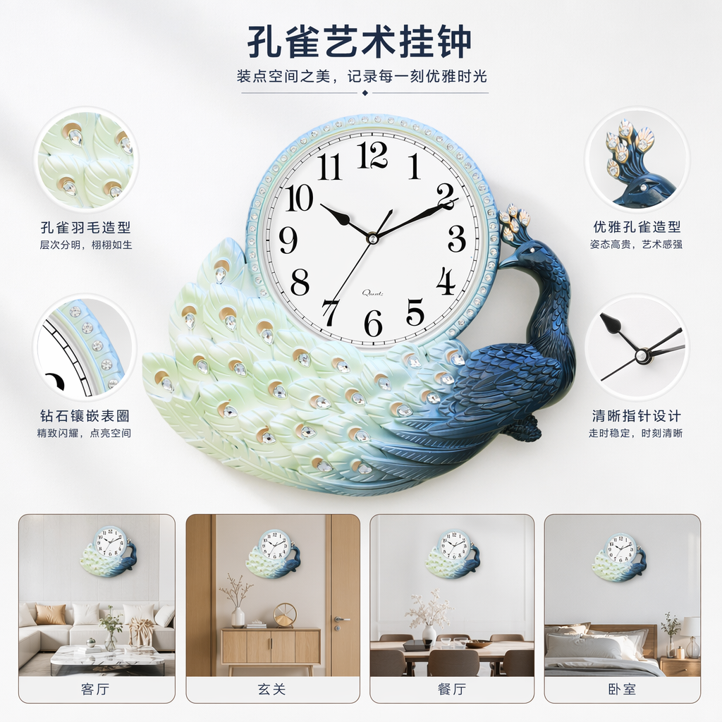 孔雀造型挂钟 蓝框白面 尾羽缀晶饰 客厅卧室装饰钟