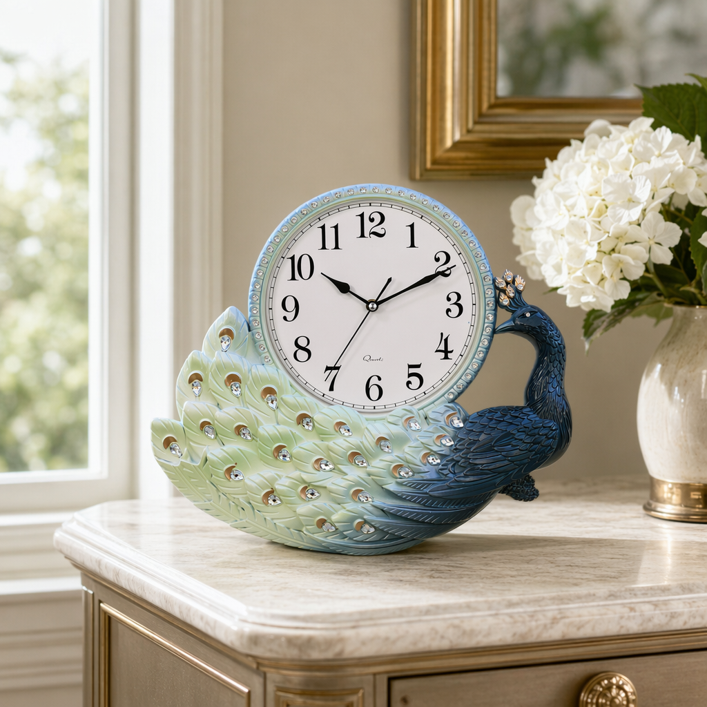 A peacock-shaped wall clock with a blue frame, white face and tail feathers decorated with crystal ornaments. It is a decorative clock for the living room and bedroom details Picture