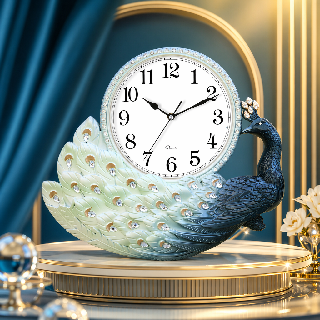 A peacock-shaped wall clock with a blue frame, white face and tail feathers decorated with crystal ornaments. It is a decorative clock for the living room and bedroom Specification image