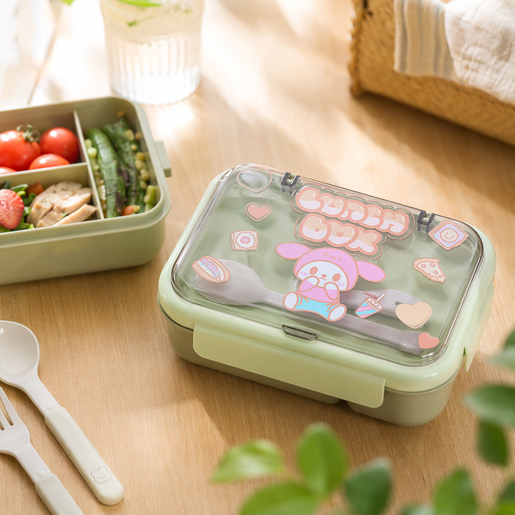 Green cartoon compartments lunch box, household portable, leak-proof, food-grade material details Picture