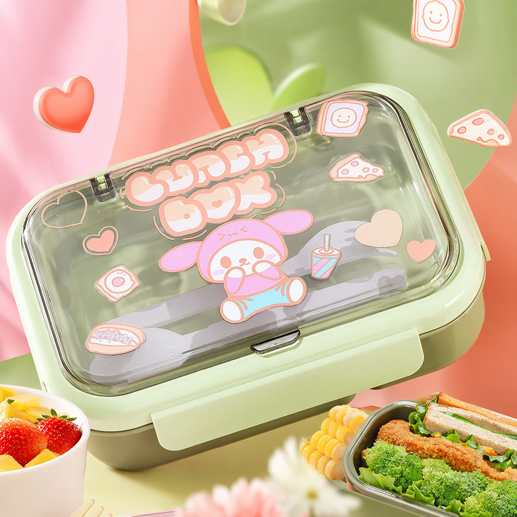 Green cartoon compartments lunch box, household portable, leak-proof, food-grade material Specification image