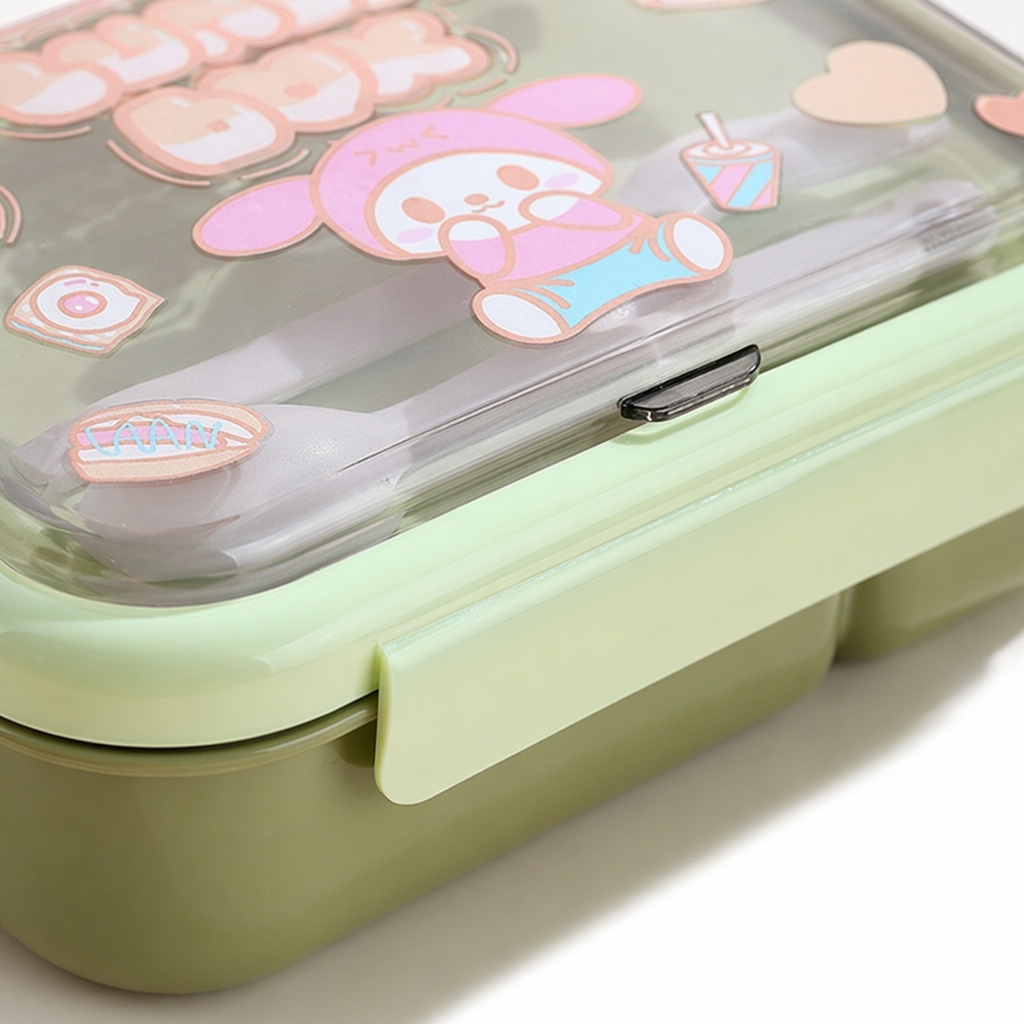 Green cartoon compartments lunch box, household portable, leak-proof, food-grade material Application Scenario