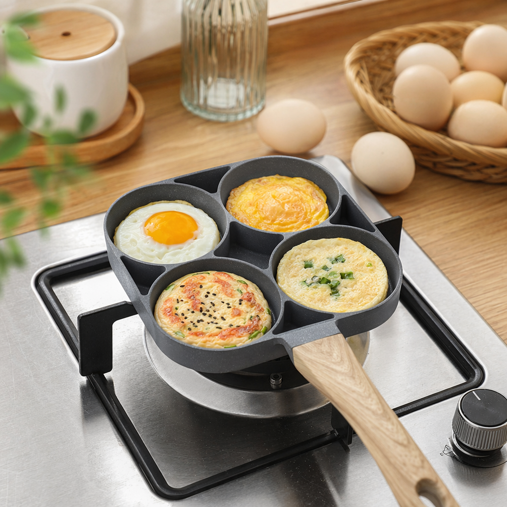 A grey five-hole frying pan with a wooden handle, non-stick, household kitchen cookware details Picture