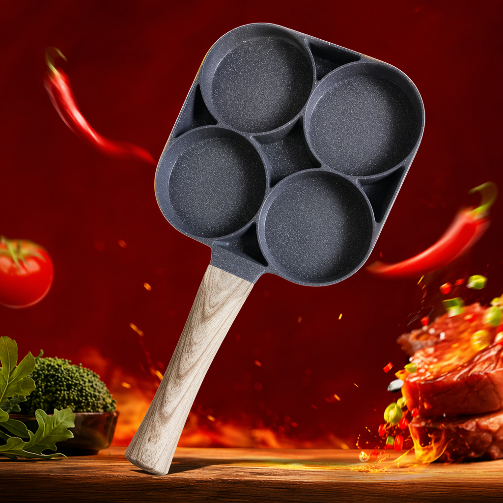 A grey five-hole frying pan with a wooden handle, non-stick, household kitchen cookware Specification image