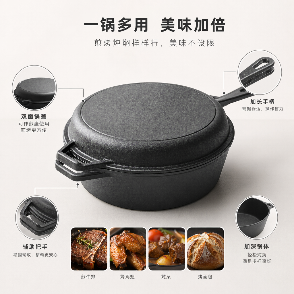 Black cast iron frying pan with lid, 30cm, household uncoated healthy wok and stew pot