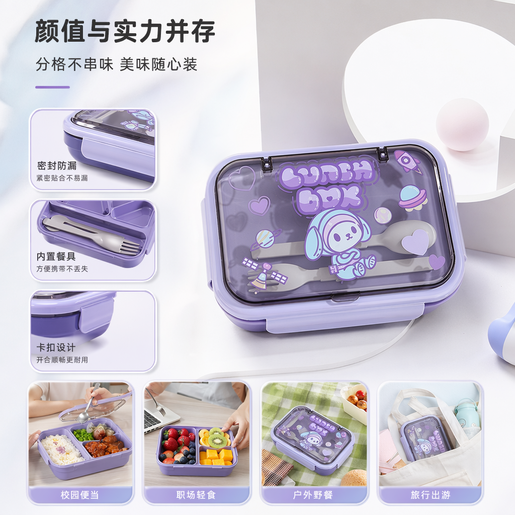 Colorful cartoon children's lunch box, portable sealed and environmentally friendly plastic lunch box