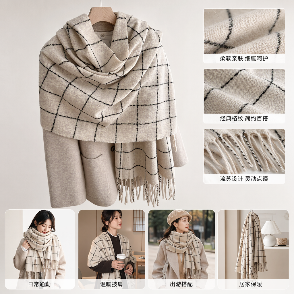 Beige checkered tassel scarf is warm, fashionable and versatile for women's knitwear in autumn and winter