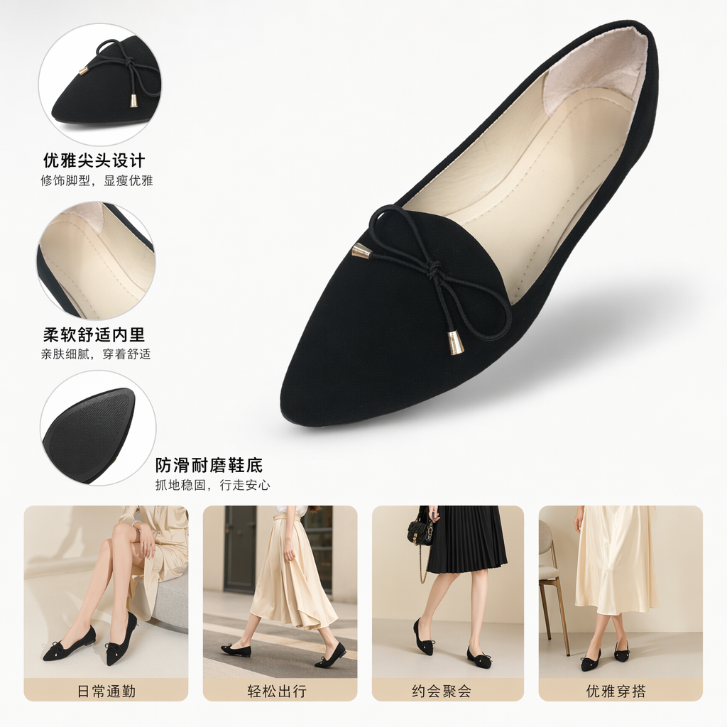 The upper of the black pointed-toe flat shoes is decorated with a black bow and a golden metal cap