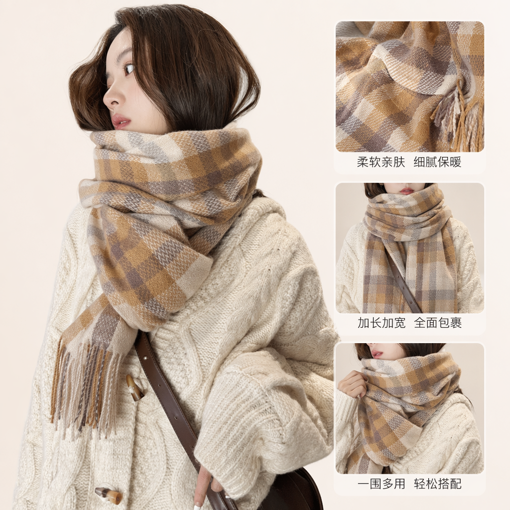 Checkered scarf for women, warm in autumn and winter, pure cotton, fashionable and versatile long women's scarf