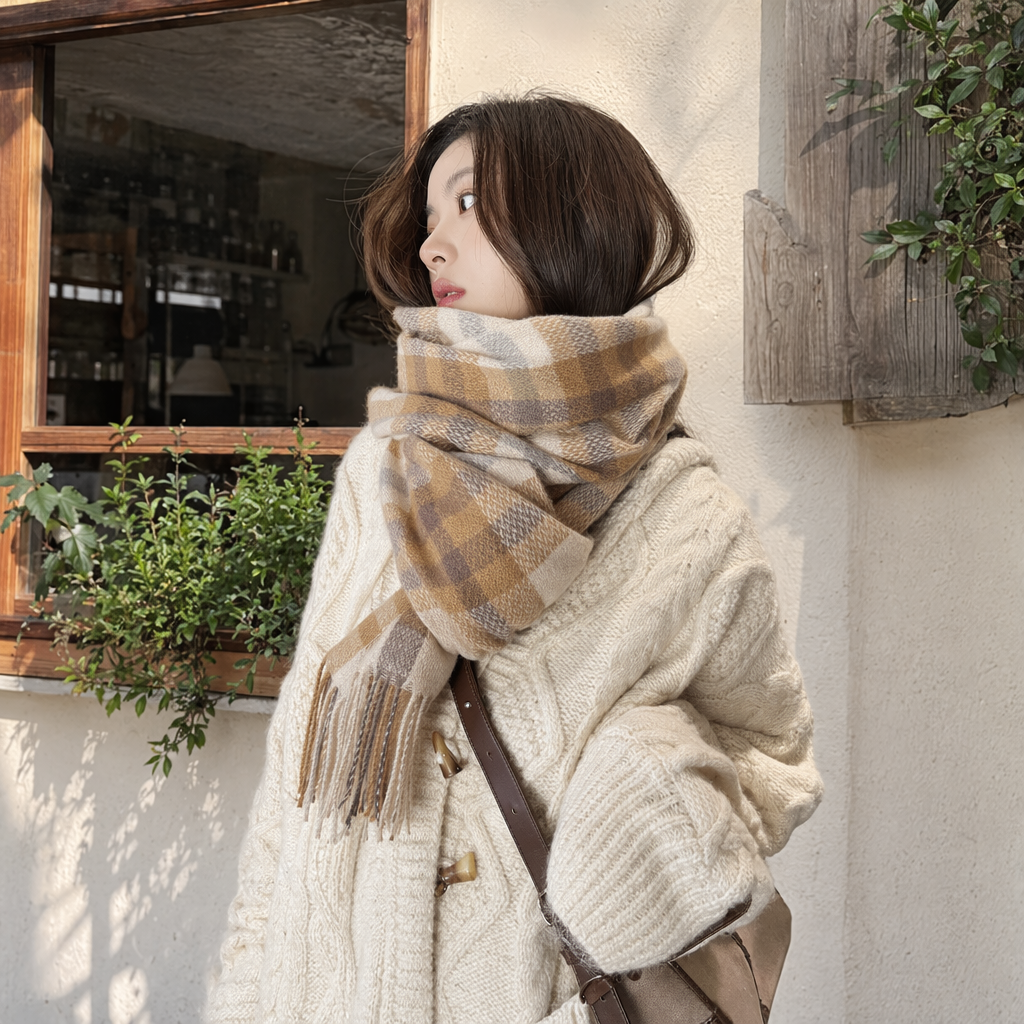 Checkered scarf for women, warm in autumn and winter, pure cotton, fashionable and versatile long women's scarf details Picture