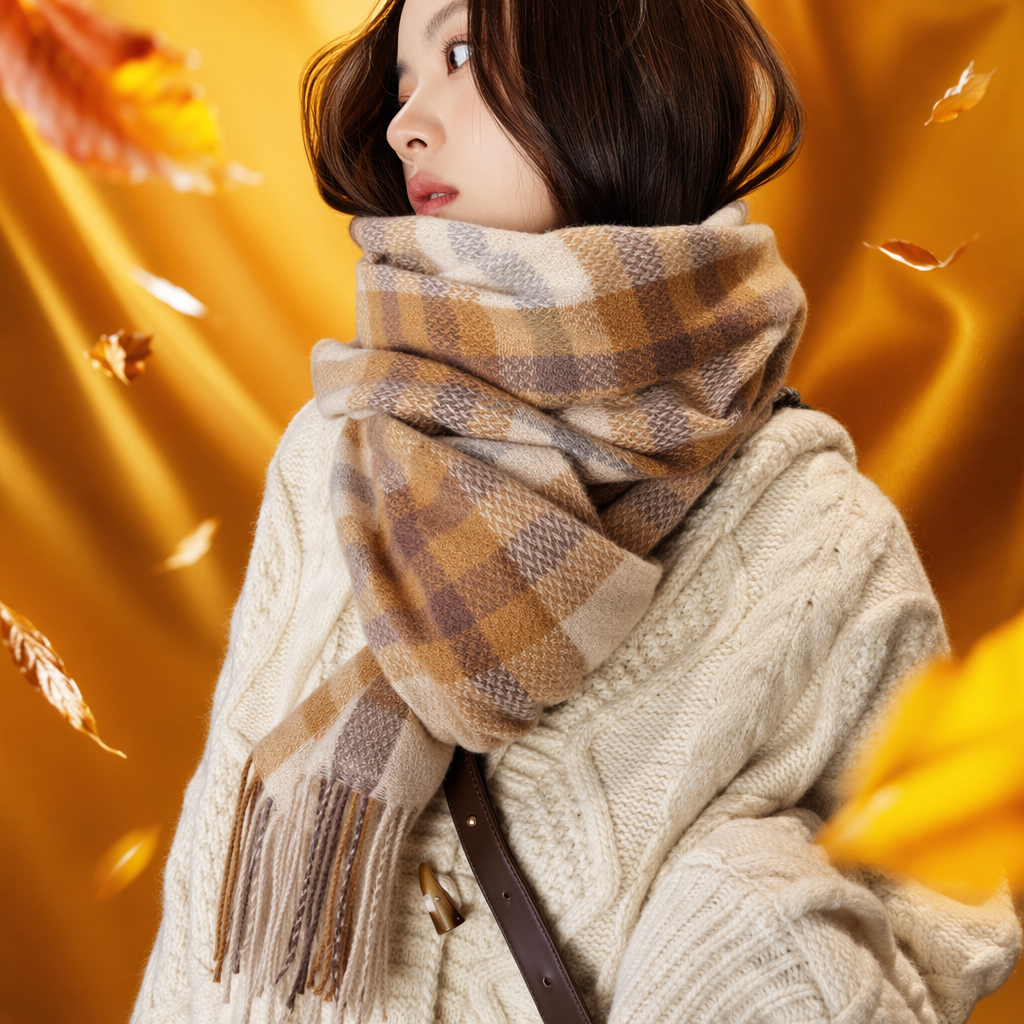 Checkered scarf for women, warm in autumn and winter, pure cotton, fashionable and versatile long women's scarf Specification image