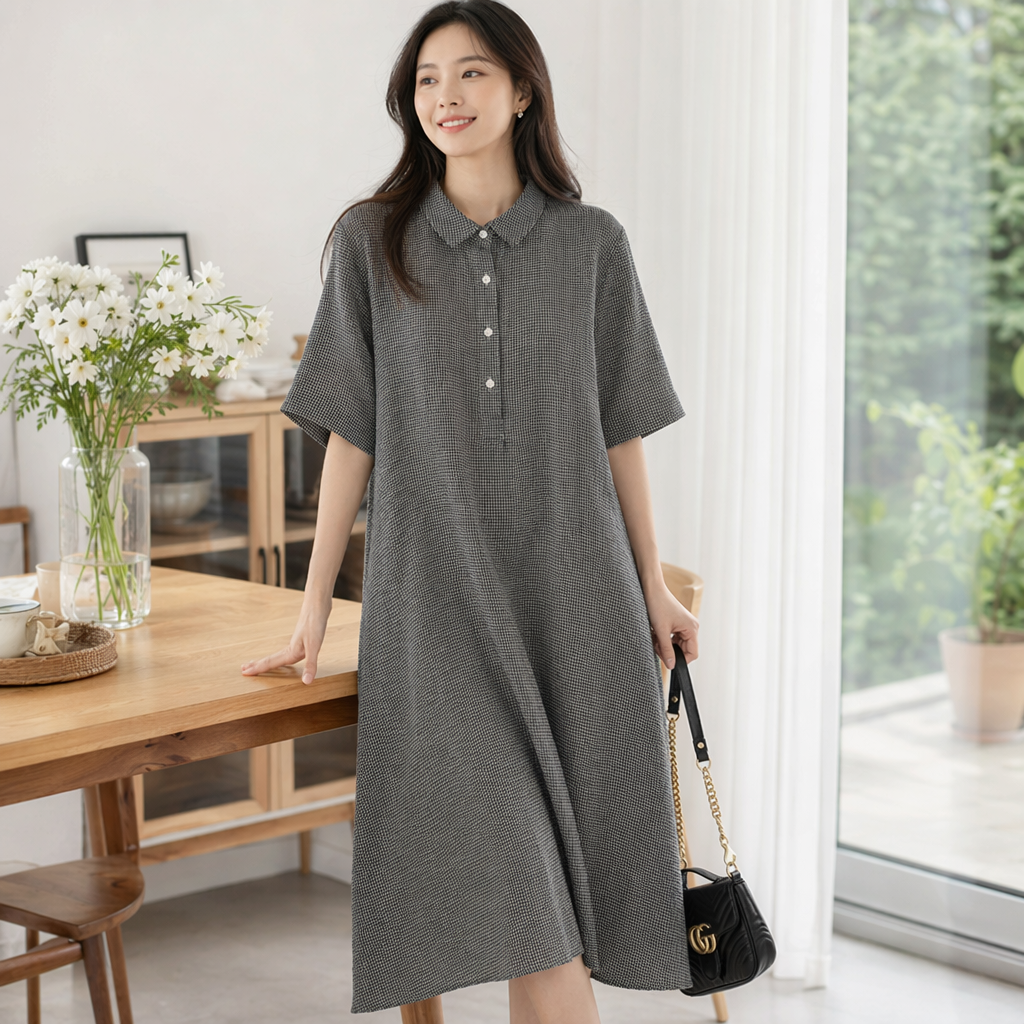 Black and white checkered slimming dress, a new summer fashion and versatile short-sleeved dress for women details Picture