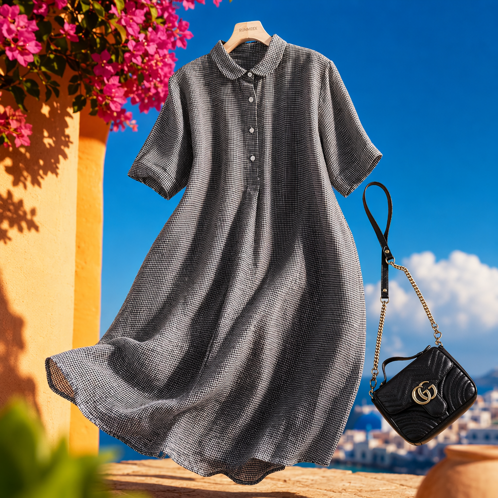 Black and white checkered slimming dress, a new summer fashion and versatile short-sleeved dress for women Specification image