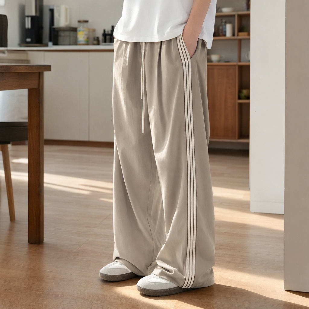 Beige striped high-waisted wide-leg pants with a slimming drape, casual capri pants details Picture