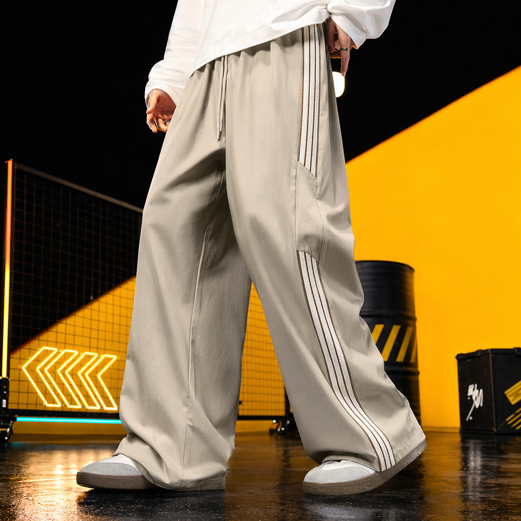 Beige striped high-waisted wide-leg pants with a slimming drape, casual capri pants Specification image