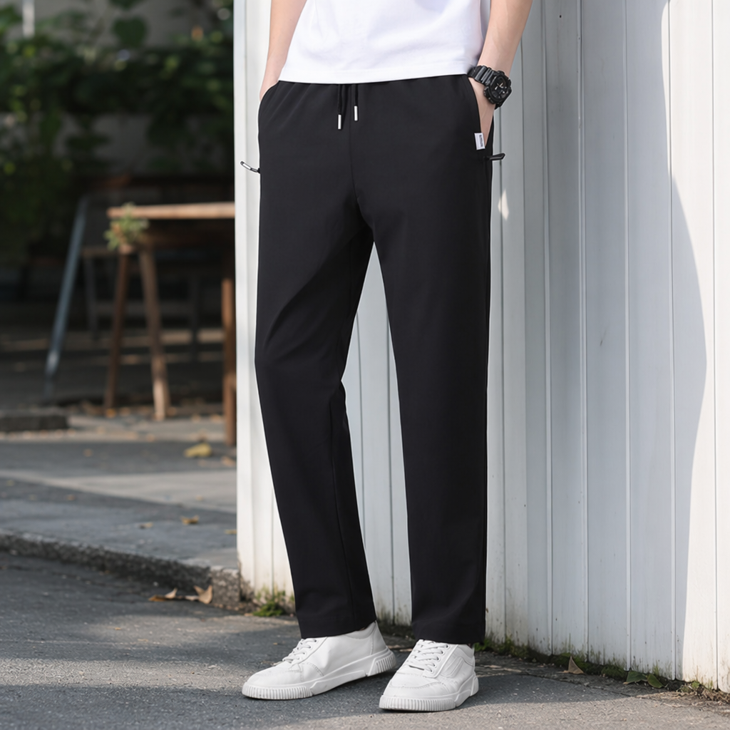 Black sportswear pants are perfect for slimming and shaping men. Paired with white shoes and black watches, they are the same style for models details Picture