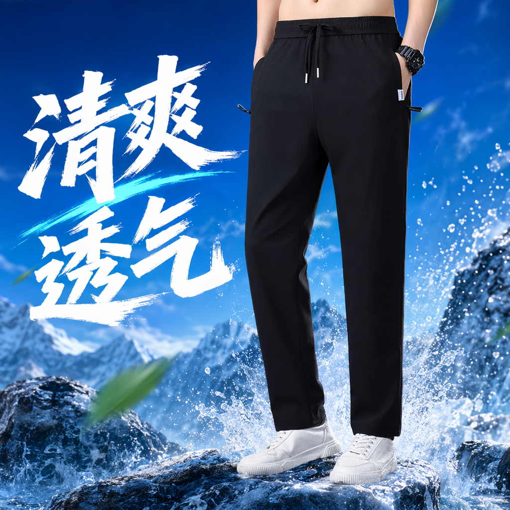 Black sportswear pants are perfect for slimming and shaping men. Paired with white shoes and black watches, they are the same style for models Specification image