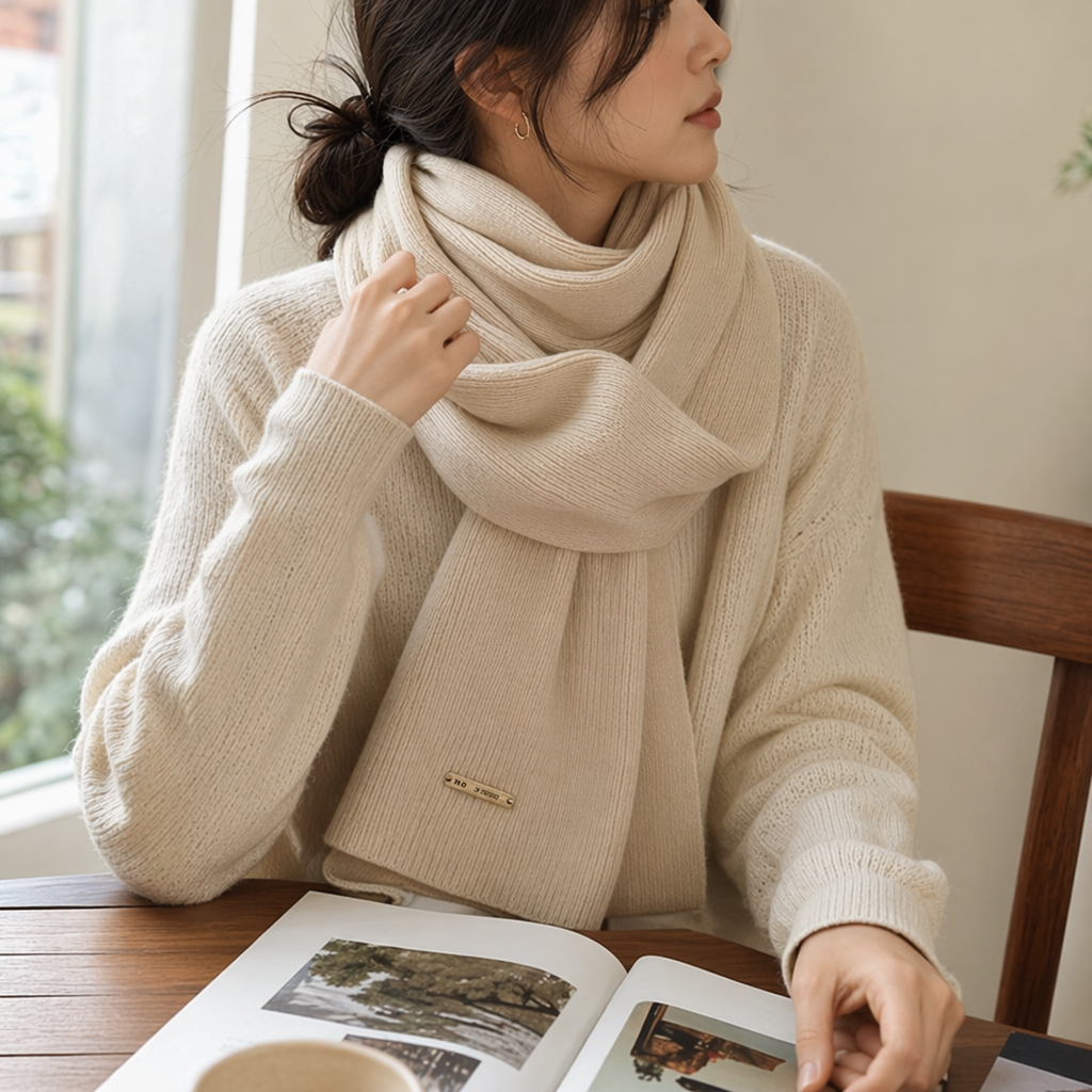 Beige knitted scarf for warmth in autumn and winter, pure cotton soft and versatile women's scarf details Picture