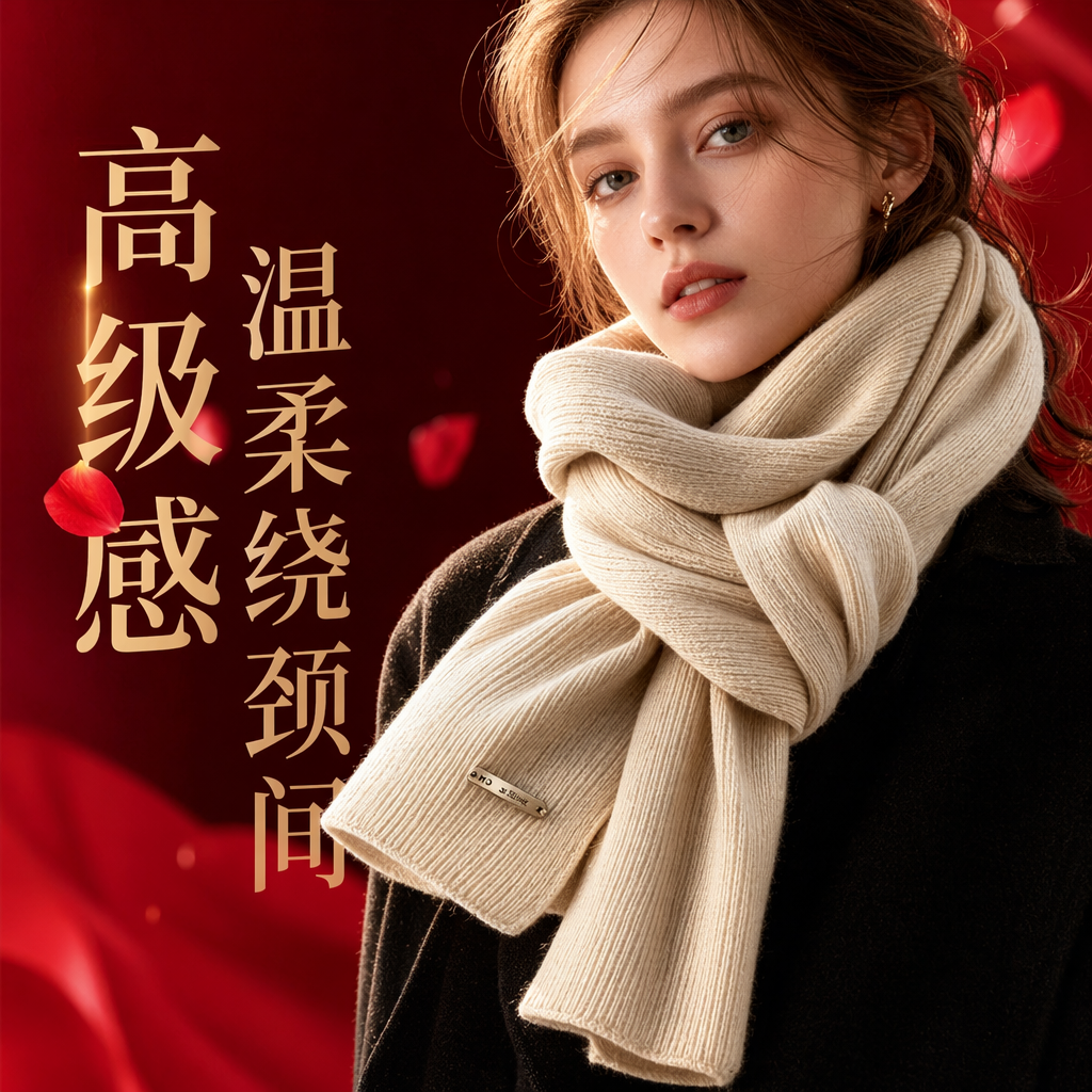 Beige knitted scarf for warmth in autumn and winter, pure cotton soft and versatile women's scarf Specification image