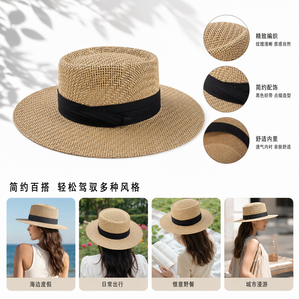 Beige straw woven hat for women's summer sun protection and shade, breathable casual woven fisherman's hat