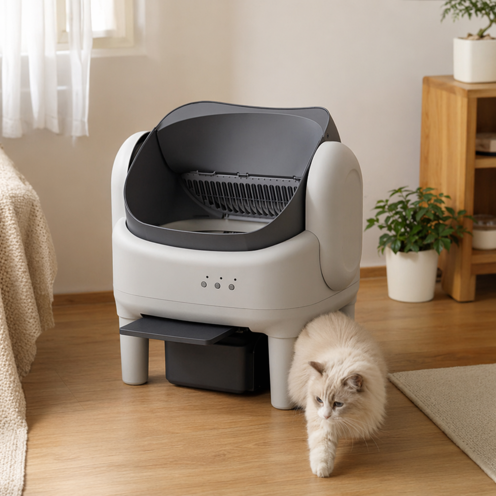 Gray and white striped smart cat litter box, fully automatic deodorizing and silent model details Picture