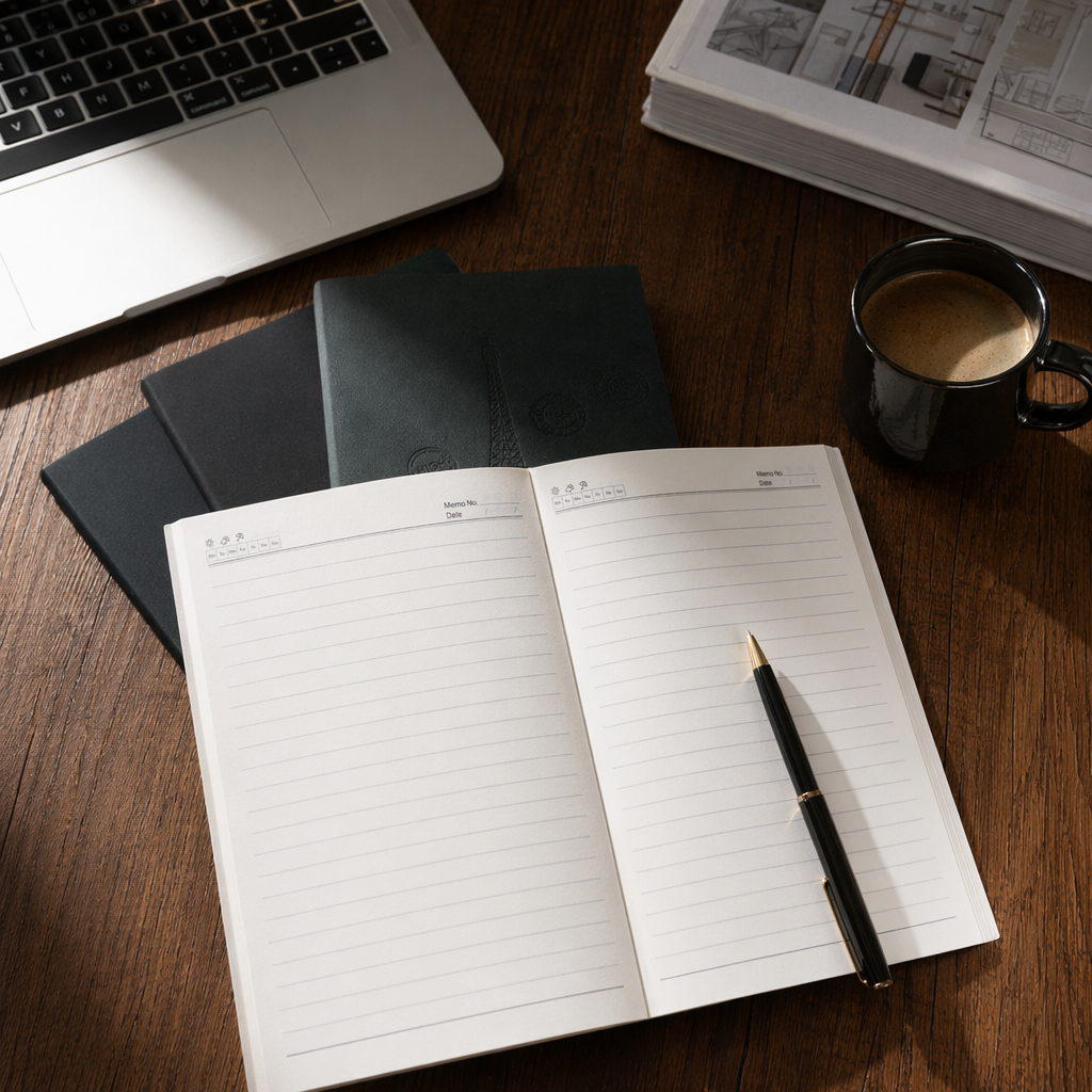 A simple business A5 coil notebook opened from three dark-covered notebooks details Picture