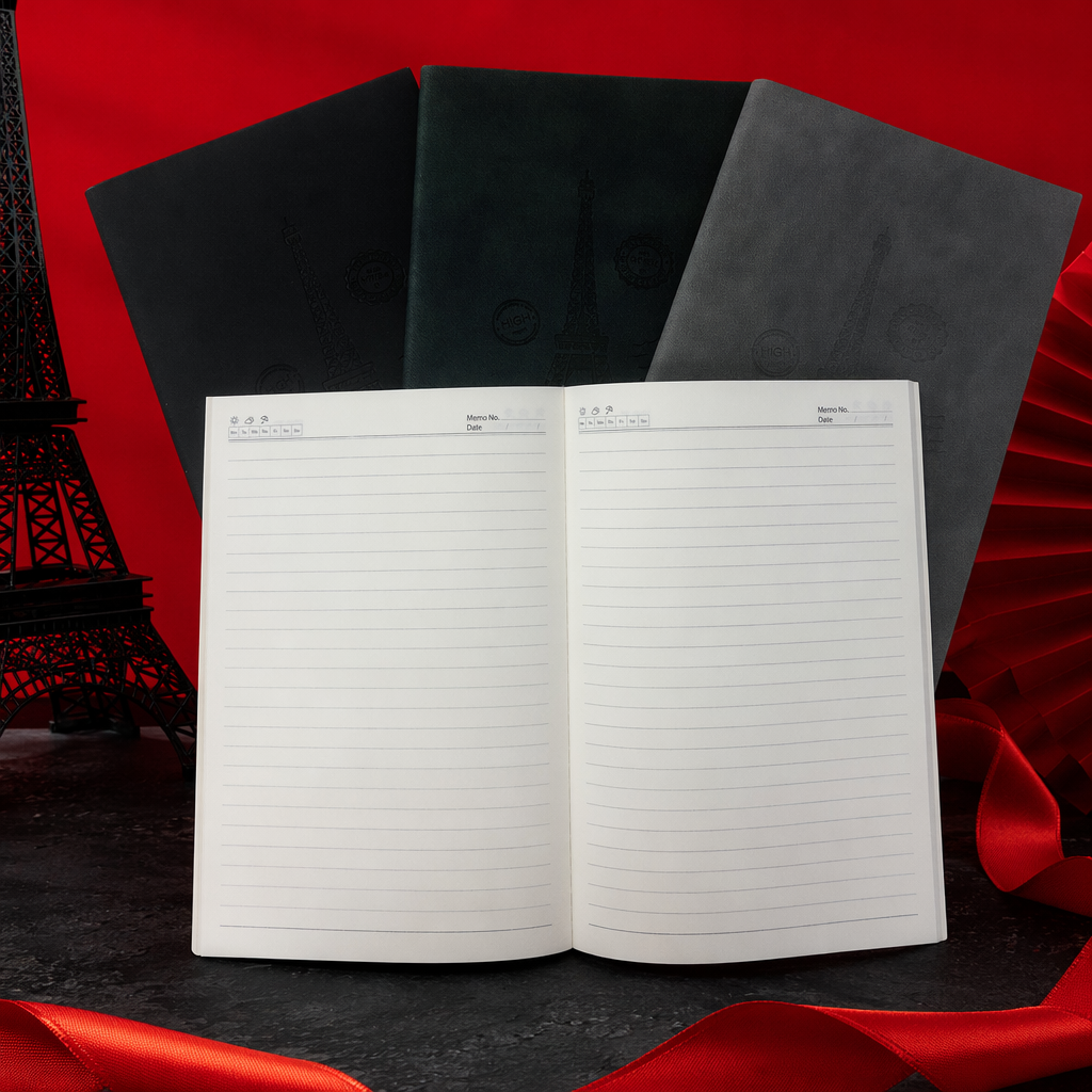 A simple business A5 coil notebook opened from three dark-covered notebooks Specification image