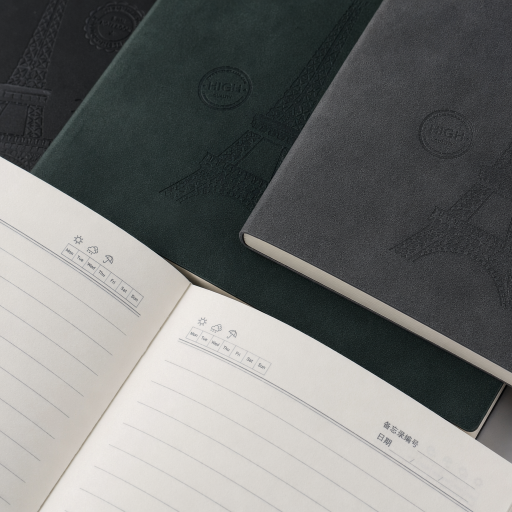 A simple business A5 coil notebook opened from three dark-covered notebooks Application Scenario