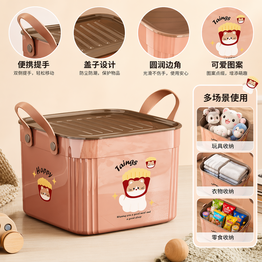 Pink cartoon cat French fries pattern storage box, storage box, desktop organization box, children's stationery storage