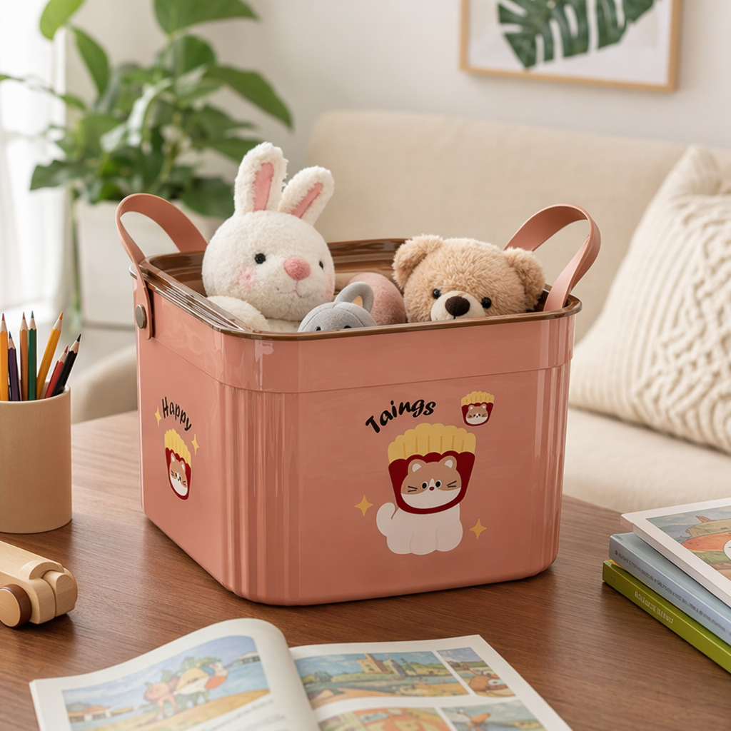 Pink cartoon cat French fries pattern storage box, storage box, desktop organization box, children's stationery storage details Picture